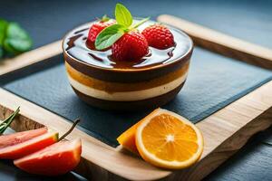 ein Dessert mit Erdbeeren und Schokolade auf ein hölzern Tablett. KI-generiert foto