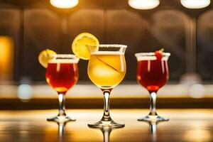 drei anders Cocktails sind gefüttert oben auf ein Bar. KI-generiert foto