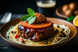 ein Teller von Spaghetti mit Fleisch und Tomate Soße. KI-generiert foto