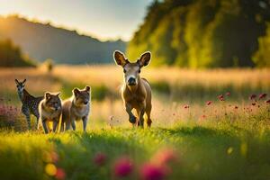Hirsch Laufen durch ein Feld mit zwei Hunde. KI-generiert foto