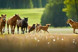 ein Gruppe von Pferde Laufen im ein Feld. KI-generiert foto