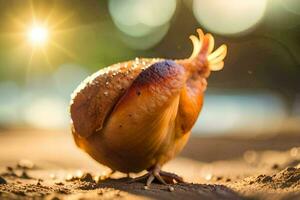 ein klein Vogel ist Gehen auf das Sand. KI-generiert foto