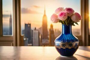 ein Vase mit Rosen auf ein Tabelle im Vorderseite von ein Fenster mit ein Stadtbild im Die. KI-generiert foto