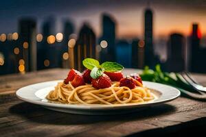 ein Teller von Spaghetti mit Erdbeeren und Minze Blätter auf ein hölzern Tabelle im Vorderseite von ein Stadtbild. KI-generiert foto