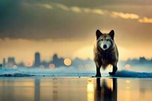 ein Wolf Gehen auf das Strand beim Sonnenuntergang. KI-generiert foto