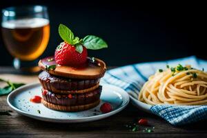 ein Teller von Pasta, Erdbeeren und ein Bier. KI-generiert foto