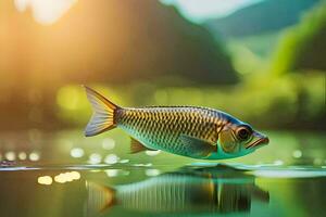 Fisch im das Wasser mit ein Sonne leuchtenden hinter Es. KI-generiert foto