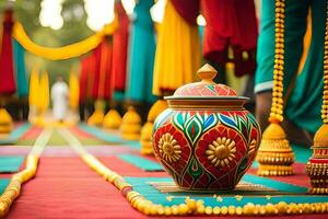 ein bunt Vase auf ein rot Teppich mit bunt Dekorationen. KI-generiert foto