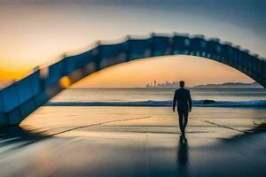 ein Mann Gehen unter ein Brücke beim Sonnenuntergang. KI-generiert foto