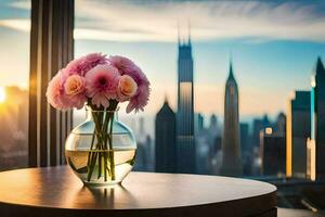 ein Vase von Rosa Blumen sitzt auf ein Tabelle im Vorderseite von ein Fenster mit ein Stadt Horizont. KI-generiert foto