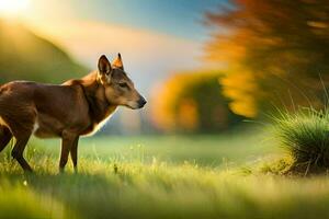 ein Hirsch ist Stehen im das Gras beim Sonnenuntergang. KI-generiert foto