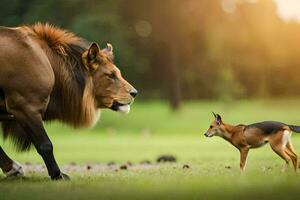 ein Löwe und ein klein Hund sind Stehen im das Gras. KI-generiert foto