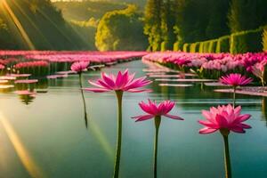 Rosa Lotus Blumen im das Wasser beim Sonnenuntergang. KI-generiert foto