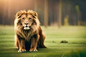 ein Löwe Sitzung auf das Gras im das Wald. KI-generiert foto