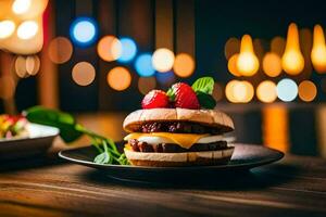 ein Hamburger mit Erdbeeren und Käse auf ein Platte. KI-generiert foto