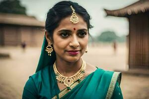 ein Frau im ein traditionell Sari und Schmuck. KI-generiert foto