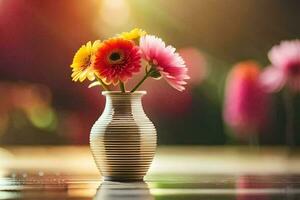 ein Vase mit bunt Blumen Sitzung auf ein Tisch. KI-generiert foto