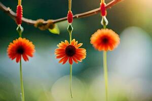 Orange Blumen hängend von ein Ast. KI-generiert foto