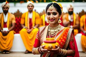 ein schön indisch Braut halten ein Topf von Gold. KI-generiert foto