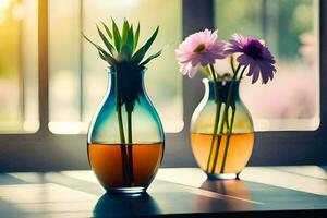 zwei Vasen mit Blumen Sitzung auf ein Tisch. KI-generiert foto