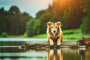ein Hund Sitzung auf ein Log im das Wasser. KI-generiert foto