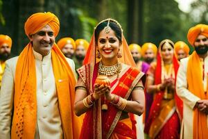 indisch Hochzeit im Orange und Gelb. KI-generiert foto