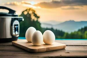 Eier auf ein Schneiden Tafel Nächster zu ein sofortig Topf. KI-generiert foto