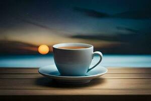 ein Tasse von Kaffee auf ein hölzern Tabelle mit ein Aussicht von das Ozean. KI-generiert foto