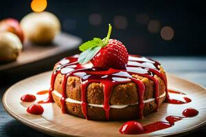 ein Erdbeere Kuchen mit ein Kirsche auf oben. KI-generiert foto