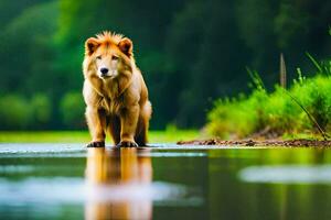 ein Löwe Stehen im das Wasser in der Nähe von ein Fluss. KI-generiert foto