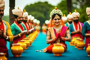 ein Braut im traditionell indisch Kleidung ist umgeben durch andere Frauen. KI-generiert foto