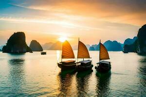 drei Boote im das Wasser beim Sonnenuntergang. KI-generiert foto