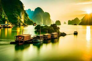 Boote im das Wasser beim Sonnenuntergang im Vietnam. KI-generiert foto