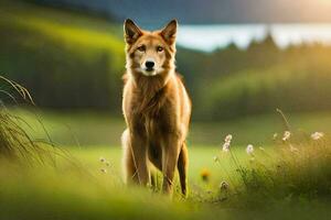 ein Hund ist Stehen im das Gras auf ein Hang. KI-generiert foto