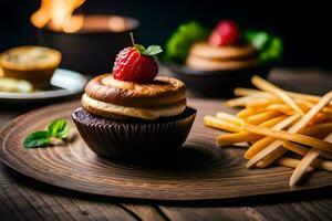 ein Cupcake mit Erdbeeren und Fritten auf ein hölzern Tisch. KI-generiert foto