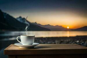 Kaffee Tasse auf das Tisch, See, Berge, Sonnenaufgang, Sonnenaufgang, das Sonne, Die. KI-generiert foto