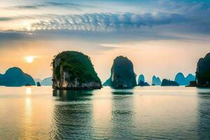 das Sonne setzt Über das Wasser im Halong Bucht, Vietnam. KI-generiert foto