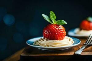 Erdbeeren und Spaghetti auf ein Platte. KI-generiert foto