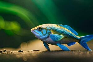 ein klein Fisch mit Blau und Gelb Streifen. KI-generiert foto