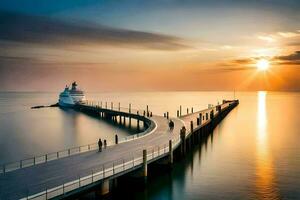 ein Seebrücke mit ein Boot beim Sonnenuntergang. KI-generiert foto