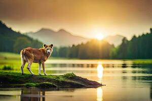 ein Hund Stehen auf ein Felsen im Vorderseite von ein See beim Sonnenuntergang. KI-generiert foto