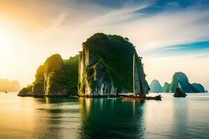 das Sonne setzt Über das Wasser im Halong Bucht, Vietnam. KI-generiert foto