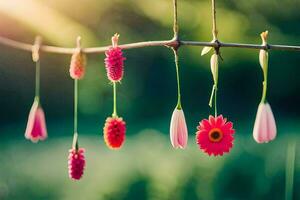 Blumen hängend von ein Wäscheleine. KI-generiert foto