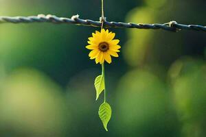 ein Sonnenblume hängend von ein Kabel. KI-generiert foto