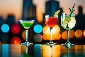 drei anders Cocktails sind gezeigt auf ein Tabelle im Vorderseite von ein Stadt Horizont. KI-generiert foto