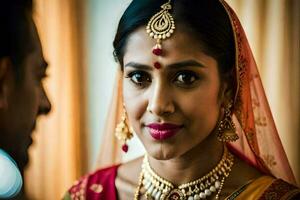 ein schön indisch Braut suchen beim ihr Bräutigam. KI-generiert foto