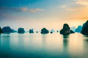 das Sonne setzt Über das Wasser im Halong Bucht, Vietnam. KI-generiert foto