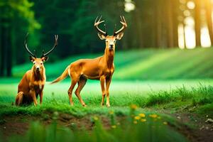 zwei Hirsch Stehen im das Gras mit das Sonne leuchtenden. KI-generiert foto