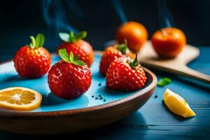 Foto Hintergrund Essen, Erdbeeren, das Platte, Zitrone, das Frucht, das Frucht, das Frucht. KI-generiert