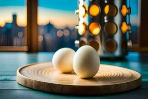 zwei Eier auf ein hölzern Tablett mit ein Stadt Sicht. KI-generiert foto
